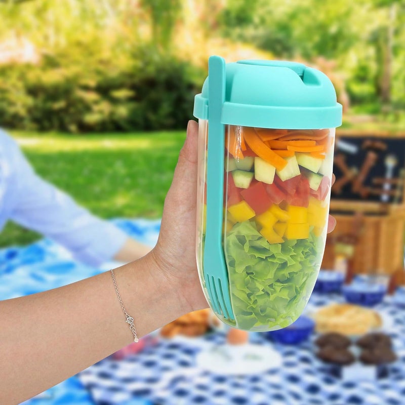 KH866 Salad Shaker Cup Container for Lunch – Portable Fresh Salad Cup Keep Fit Food Dressing Bottle Container, Breakfast Vegetable Fruits Jar Holder to Go Meal for Lunch, Green Pods with Lid and Fork - Image 4